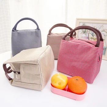 

Mom Portable Lunch Bag Canvas Stripe Insulated Cooler Bags Thermal Food Picnic Lunch Fresh Bags Kids Lunch Box Bag Tote