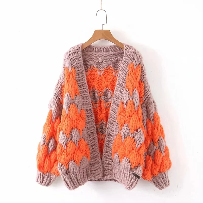 Увядший фон примерочная фэшн-блоггера в винтажном стиле волнистые жаккардовые толстые теплые зимние свитера для женщин ручной вязки свитер большого размера женские кардиганы - Цвет: Оранжевый