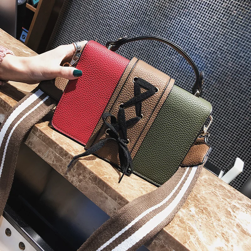

2019 New Style Contrast Color Square Sling Bag Shoe Lace Three-Color Stripes Wide Strap Shoulder Oblique Handbag