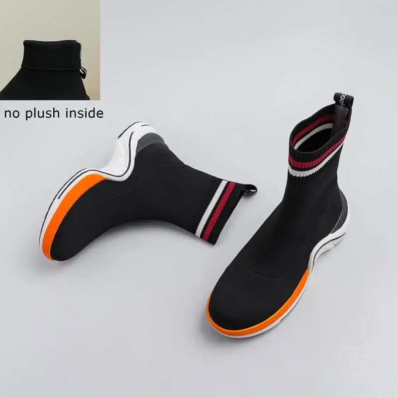 no plush inside ALLBITEFO/Новинка; модные удобные женские ботинки на плоской подошве из вязаной шерсти; ботильоны в простом стиле; зимние однотонные ботинки для девочек - Цвет: no plush inside