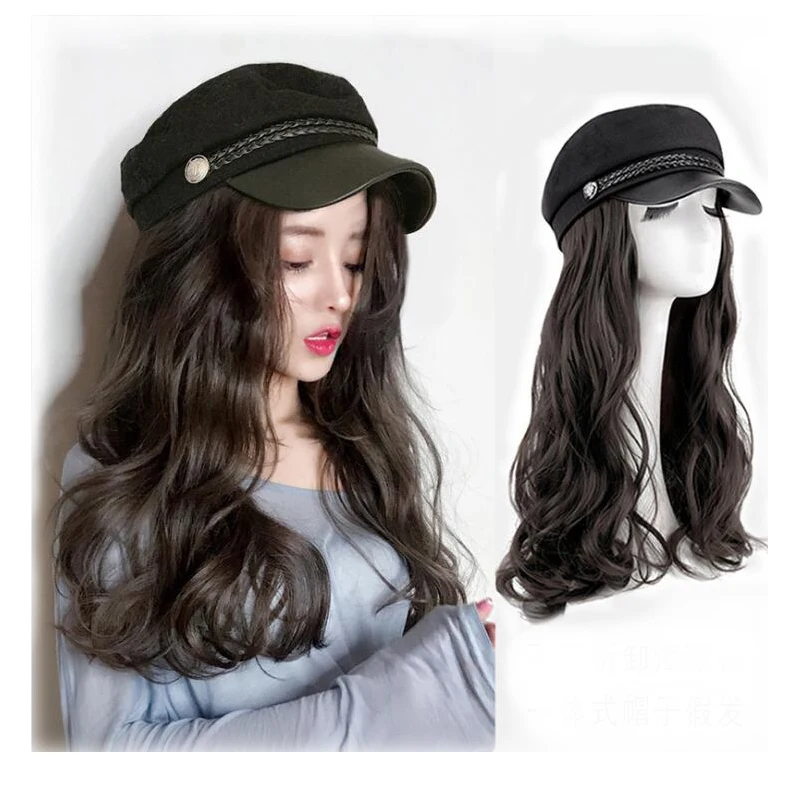 Шляпа парик с шляпой интегрированные Длинные Синтетические волосы наращивание волос термостойкие парики черный коричневый тело волнистые волосы