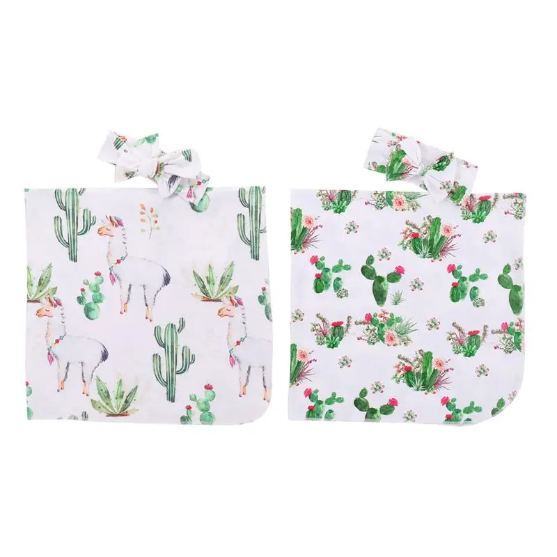 

2pcs/set Baby Soft Swaddle Infant Wrap Cute Alpaca Print Stroller Cover Muslin Bath Swaddling + Headband