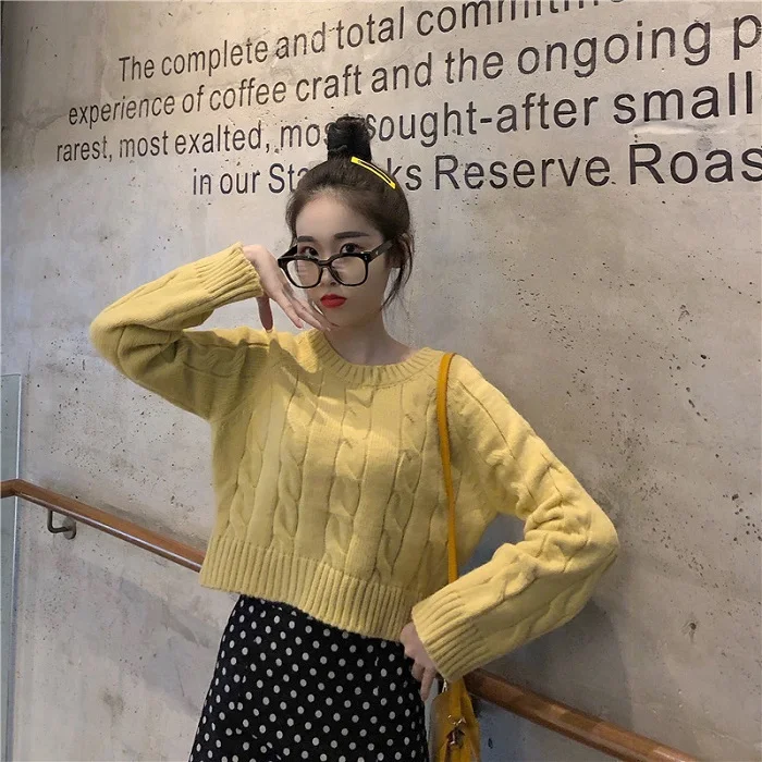Autumn Winter New Women's Short Pullovers Sweater Twist Knitting Full Sleeve Solid Fashion Vintage Casual Tops T98506D - Цвет: Yellow