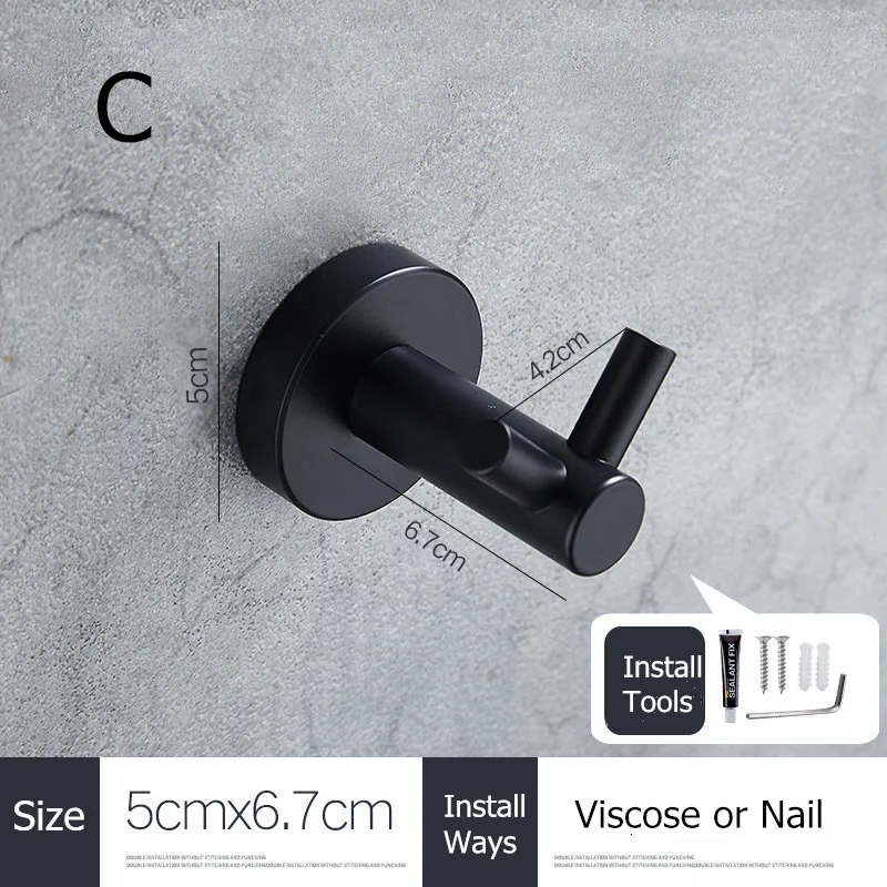 SUS304 черные крючки для ванной комнаты, кухонная вешалка, настенный крючок из нержавеющей стали для ключей, пальто, полотенце, крючок, аксессуары для ванной комнаты - Цвет: C