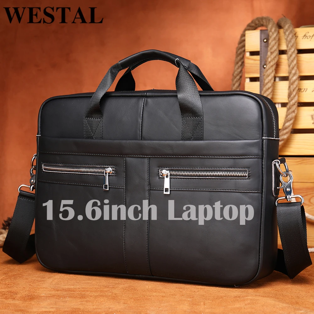 WESTAL Men's Leather Bag for Men Briefcases Genuine Leather Laptop Bag 14''  Shoulder Messenger Bags Document Computer Bags 7708