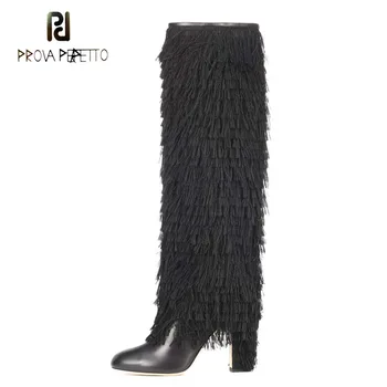 

Prova Perfetto Fashion Runway Style Fringe Knee High Boots Women Pointed Toe High Heel Black Genuine Leather Long Boots Females