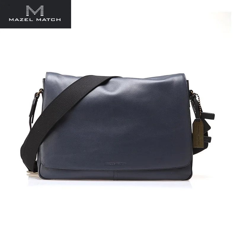 

Casual Style Genuine Leather Male Satchels Bag Authentic Soft Cow Skin Deep Blue Men's Large Laptop Purse Shoulder Messenger Bag