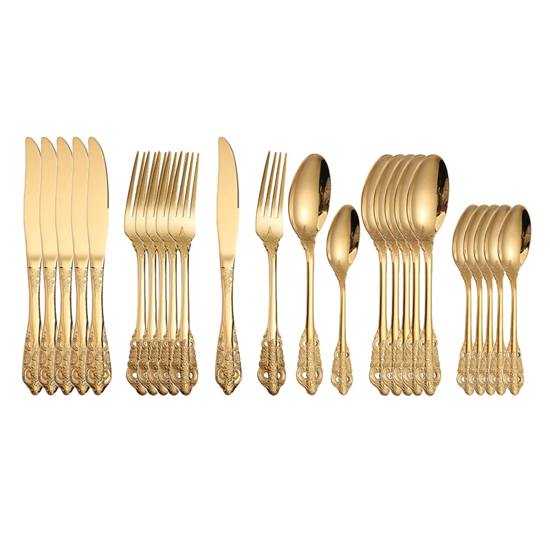 24pcs Stainless Steel Dinnerware Set Gold Cutlery Fork Royal Knives Kitchen Tea Spoon Western Dinner Tableware Flatware Gift | Дом и сад