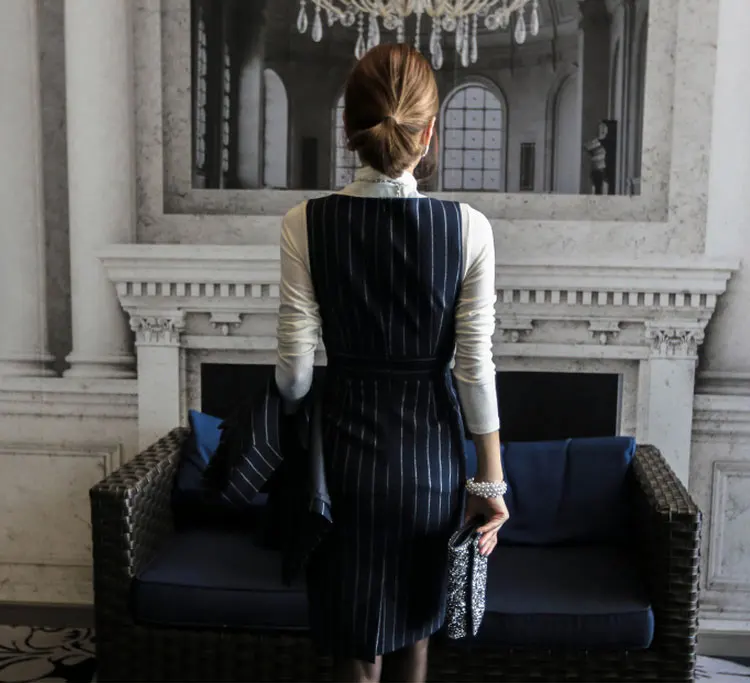 Women Striped Dress Suits Office Lady Double Breasted 2 Piece Sets Elegant Notched Blazer+ Fashion Sheath Dresses Female