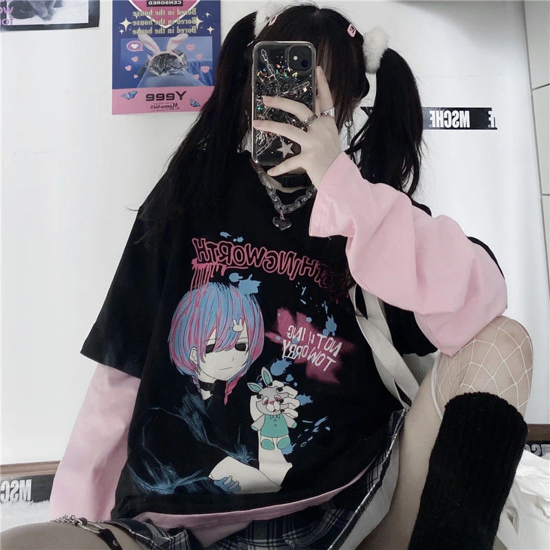 Camiseta holgada con impresión de anime para mujer, ropa de calle de perfil  grande de manga corta, estilo Harajuku gótico Kawaii, Otoño e  Invierno|Camisetas| - AliExpress