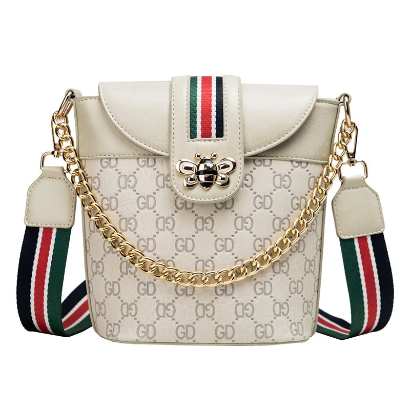 

New Style WOMEN'S Bag Fashion Butterfly Hardware Embossed Bucket Bag Versatile Chain Handbag Wide-Strap Shoulder Bag Leisure Bag