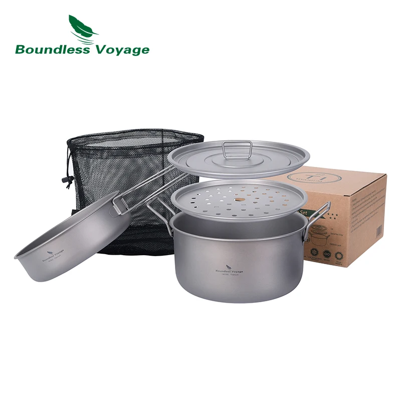 Boundless Voyage Titanium Steamer Pot Frying Pan Set Outdoor Camping  Cookware with Lid Soup Wok Tea Tray Saucepan Mess Kit