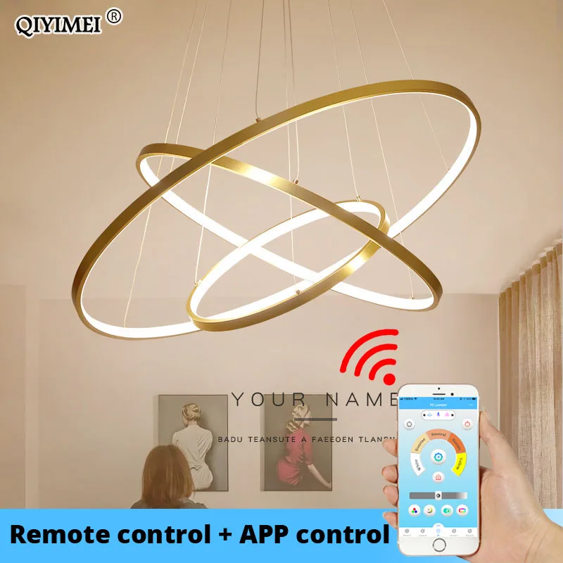 Online Luces colgantes LED modernas para sala de estar comedor blanco dorado café negro círculo anillos aluminio cuerpo lámpara accesorios hogar lámpara