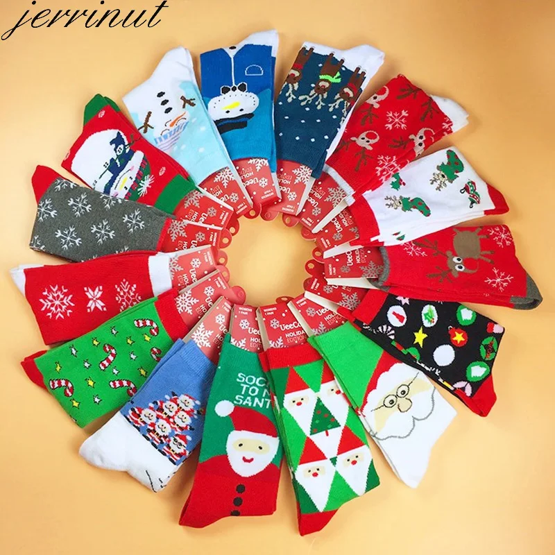 Jerrinut теплые зимние рождественские мягкие хлопковые носки счастливые забавные Женские носочки милые с принтом Санта Клаус Олень Год носки 4 пары