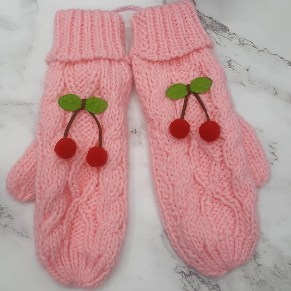 pink Модные одноцветные перчатки, зимние, уличные, милые, вишневые, вязаные, на бретелях, перчатки, мягкие, толстые, теплые, для взрослых женщин, варежки, кавайные перчатки - Цвет: pink