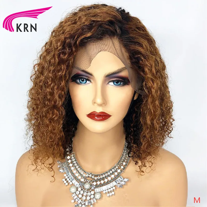 KRN curly 13x6 Lace Front Middle Ratio 8”-16” Remy Human Hair Wigs ombre color 180 density free par