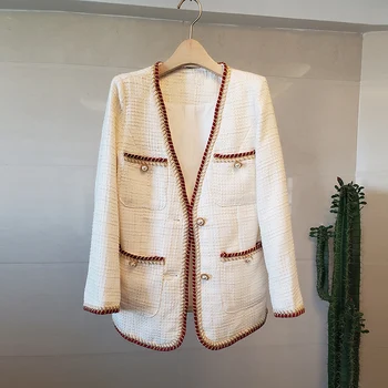 

2019 Autumn Winter New Classic Tweed White Jacket Coat Luxury Women Pearls Button Woolen Weave Elegant V Neck Outerwear