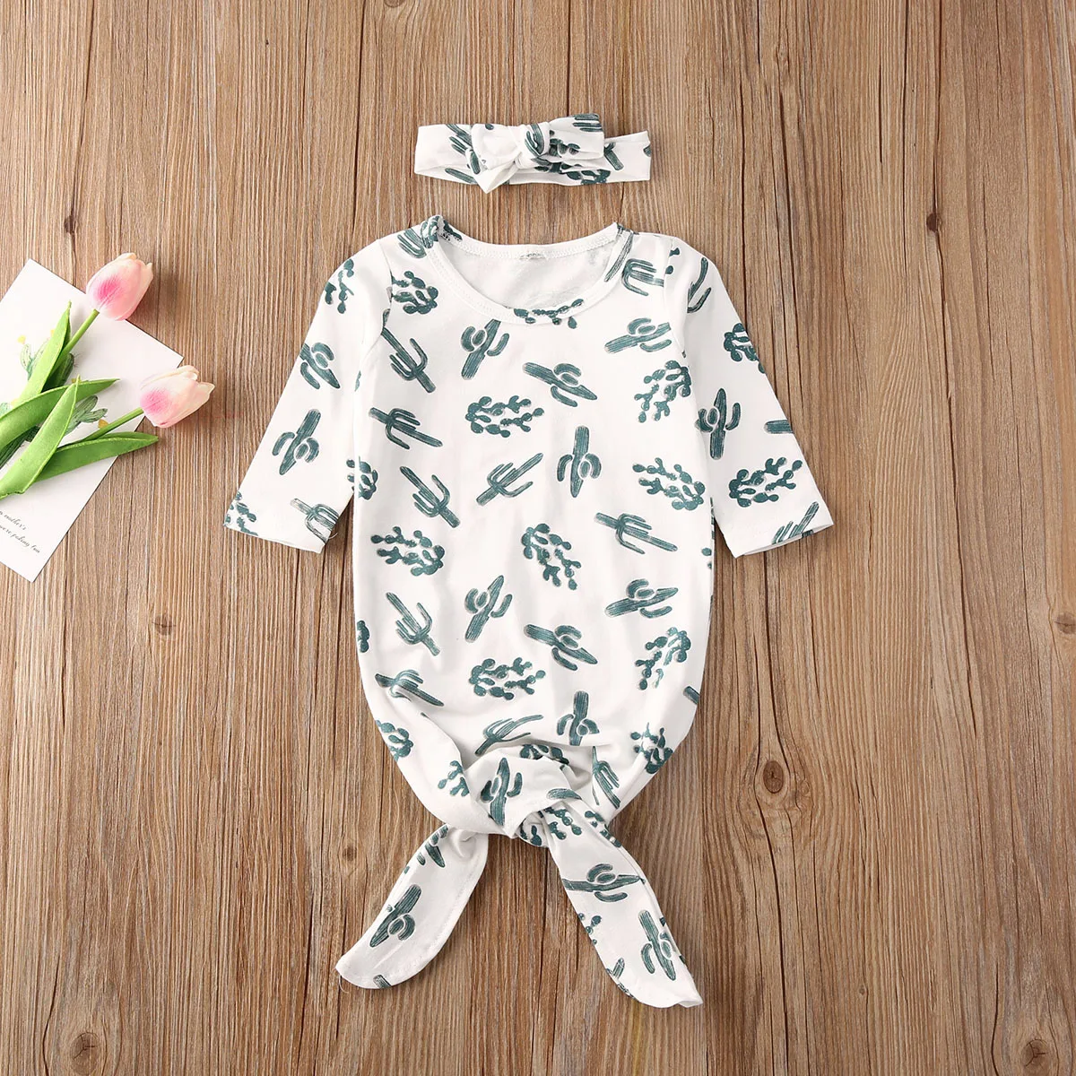 Unisex Baby Tent Cactus Print Sleepsack Wearable Blanket with Hat Cap Cotton Sleeping Bag 2Pcs Long Sleeve Nightgowns Set