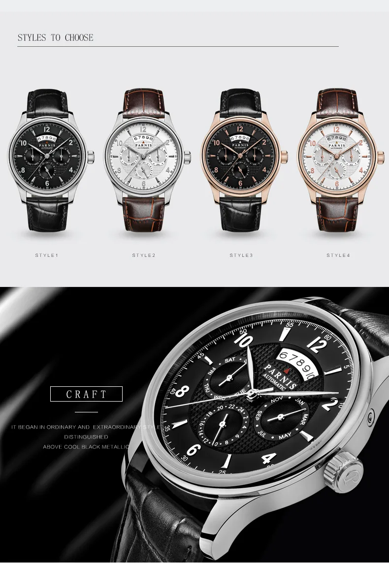 Parnis 42 мм автоматические часы Moon Phase power serve часы для мужчин люксовый бренд Топ Miyota механические Winder часы PA6062-A подарок для мужчин