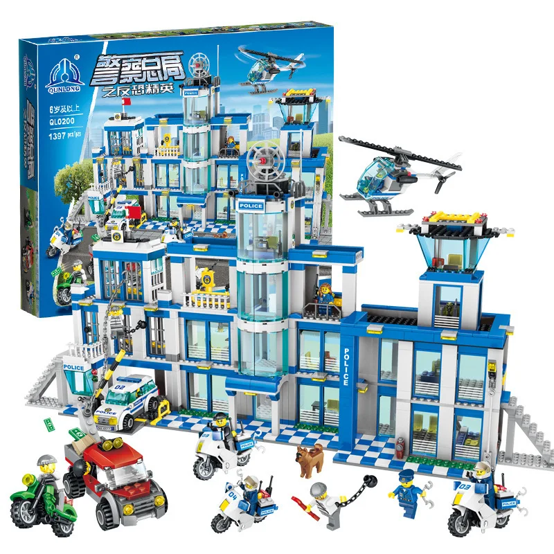 

New 1397pcs Big Police Station Building Blocks Motorbike Helicopter Model Compatible LegoINGs City Bricks Toys For Kids