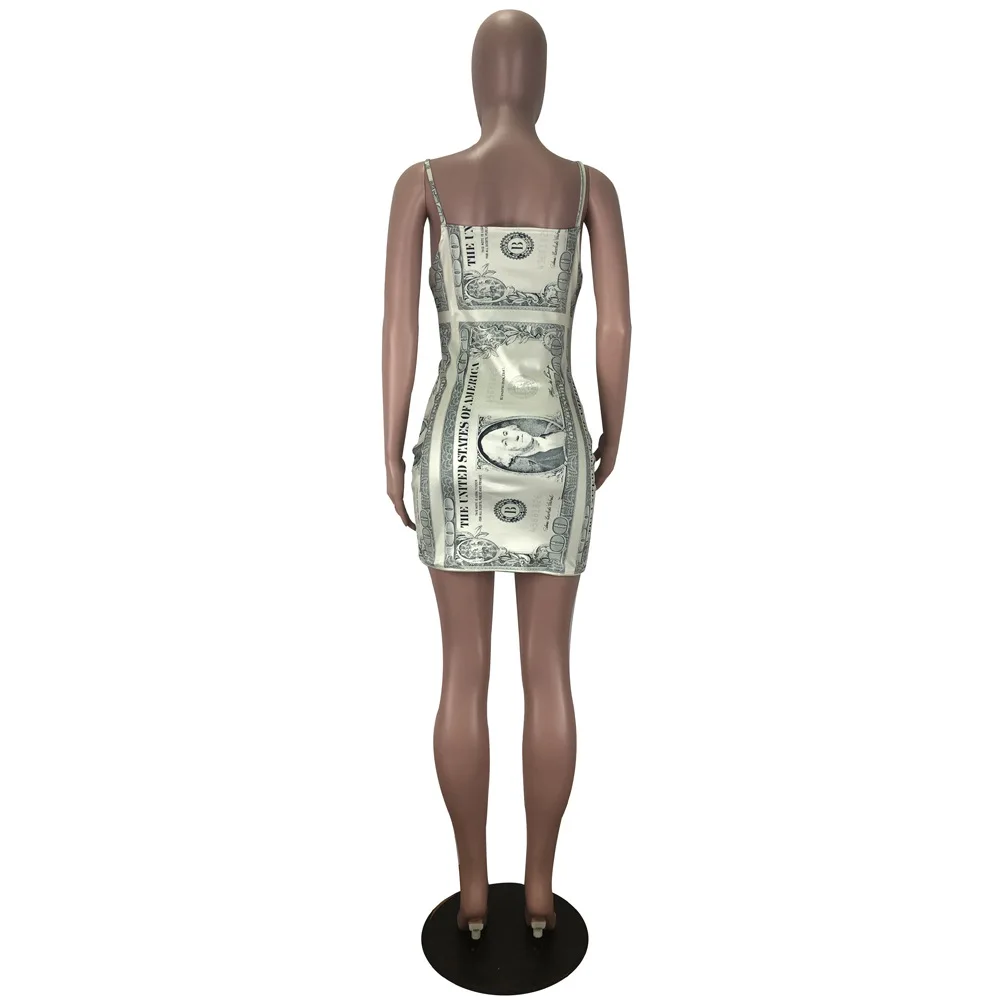 Стиль v образным вырезом женское сексуальное платье с принтом доллара Спагетти ремень Короткое платье Женская праздничная одежда DA78015