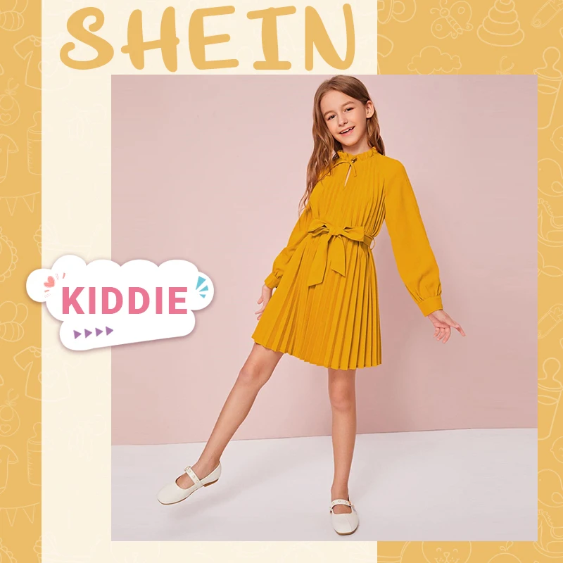 SHEIN/яркое желтое плиссированное платье для девочек с оборками и завязками на шее, с поясом, детские весенние короткие милые платья трапециевидной формы с рукавом «Бишоп»