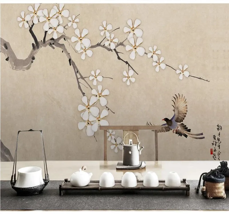 Large custom home decoration wallpaper mural new Chinese style hand-painted flowers and birds Chinese TV background wall
