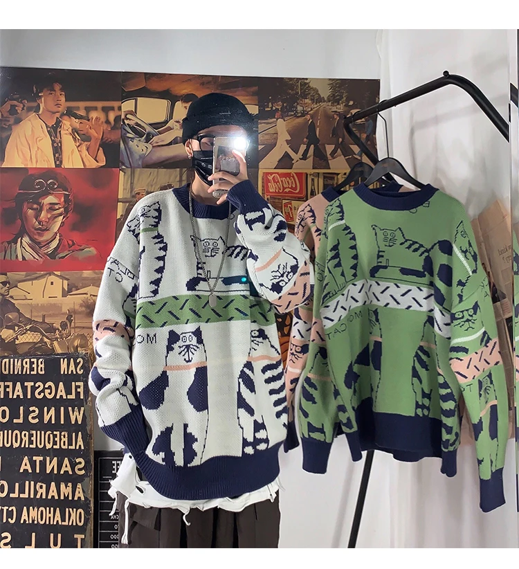 Новинка, большой размер, японский хлопок, Простой корейский стиль, мужской свободный свитер, уплотненный, с рисунком, круглый вырез, Повседневный свитер