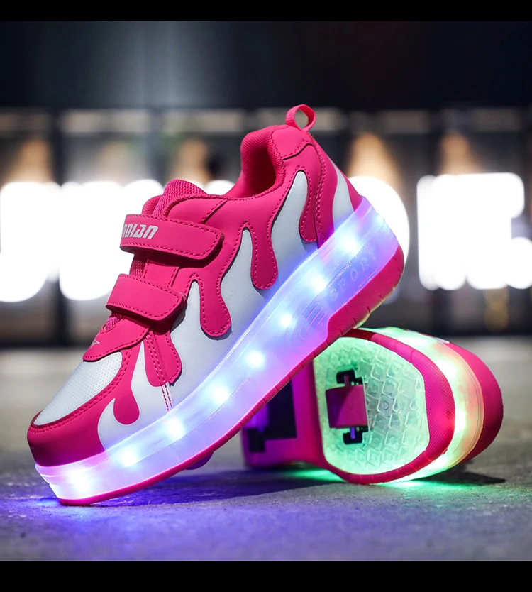 Rodas de Carregamento Sapatos para Crianças Tênis com Rodas Preto Duas Moda Meninas Meninos Led Luz Roller Skate Crianças Rodas Usb 16 Mamãe e Bebê