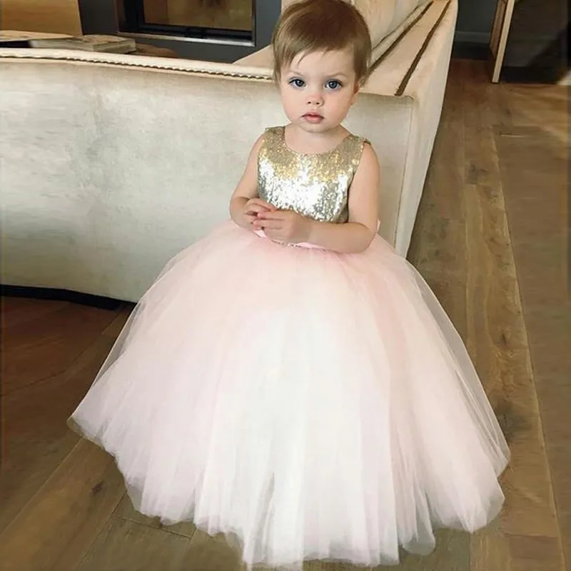 

Formal Cute Golden Sequin and Pink Tulle Flower Girl Dress Princess Gown For Wedding Prom Party Birthday