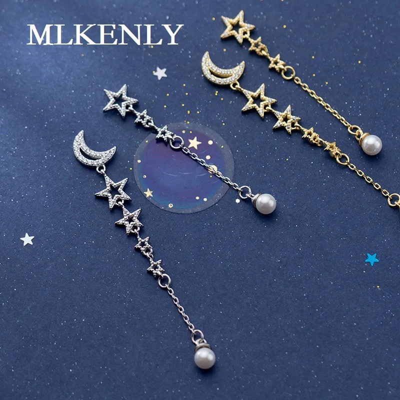 

MLKENLY INS New 925 Sterling Silver Star Earrings Korean Sweet Star Moon Asymmetric Beads Synthetic Pearl Earring for girls gift