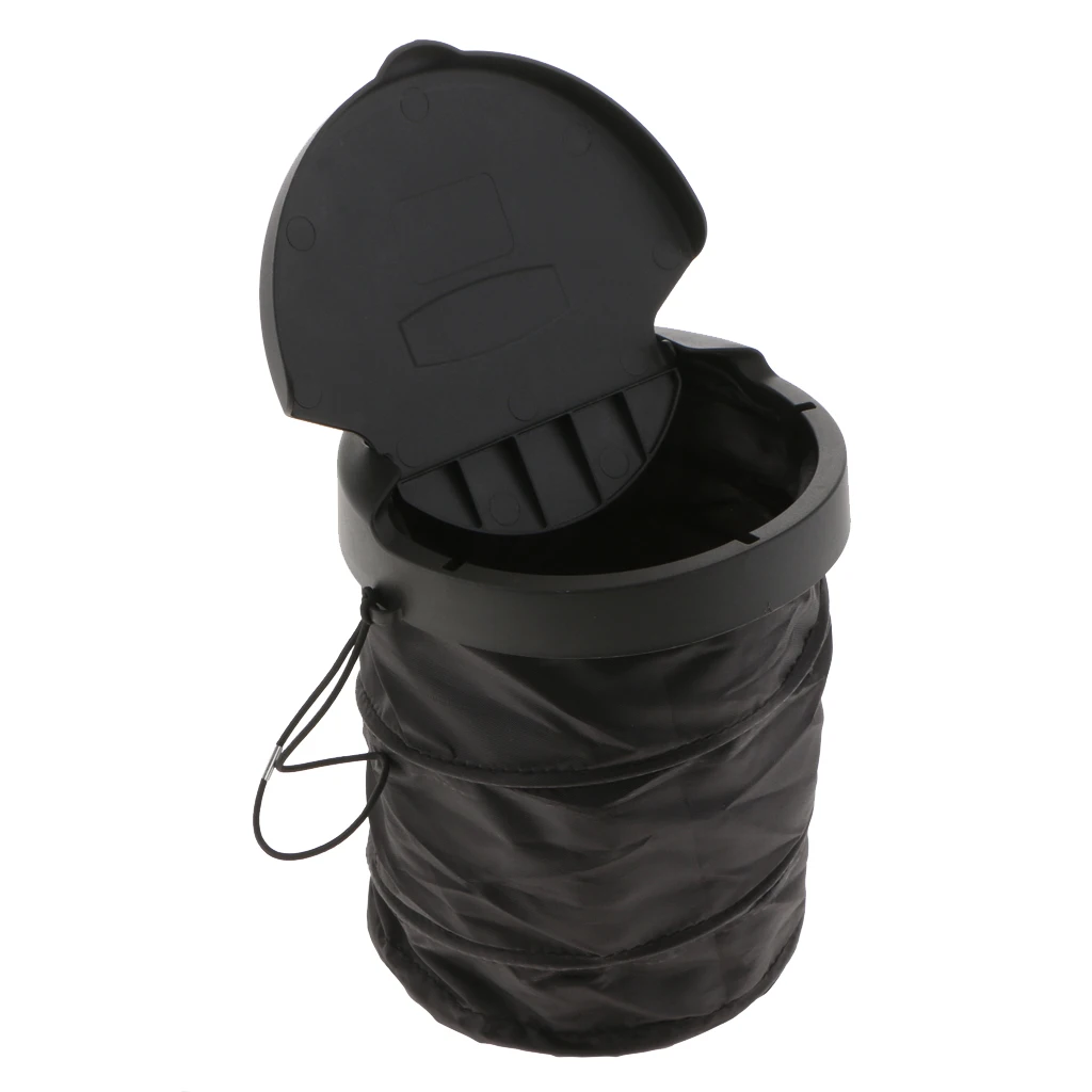 Plastic Folding Car Trash Can Car Garbage Bin Container Rubbish Bin Black With Flip Open Lid and Adjustable Hook