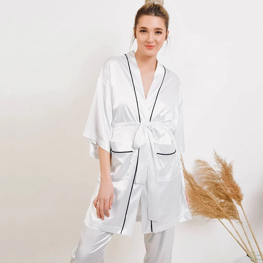 Restve Satin Women Robes With Sashes 3 Piece Set White Half Sleeve Robe