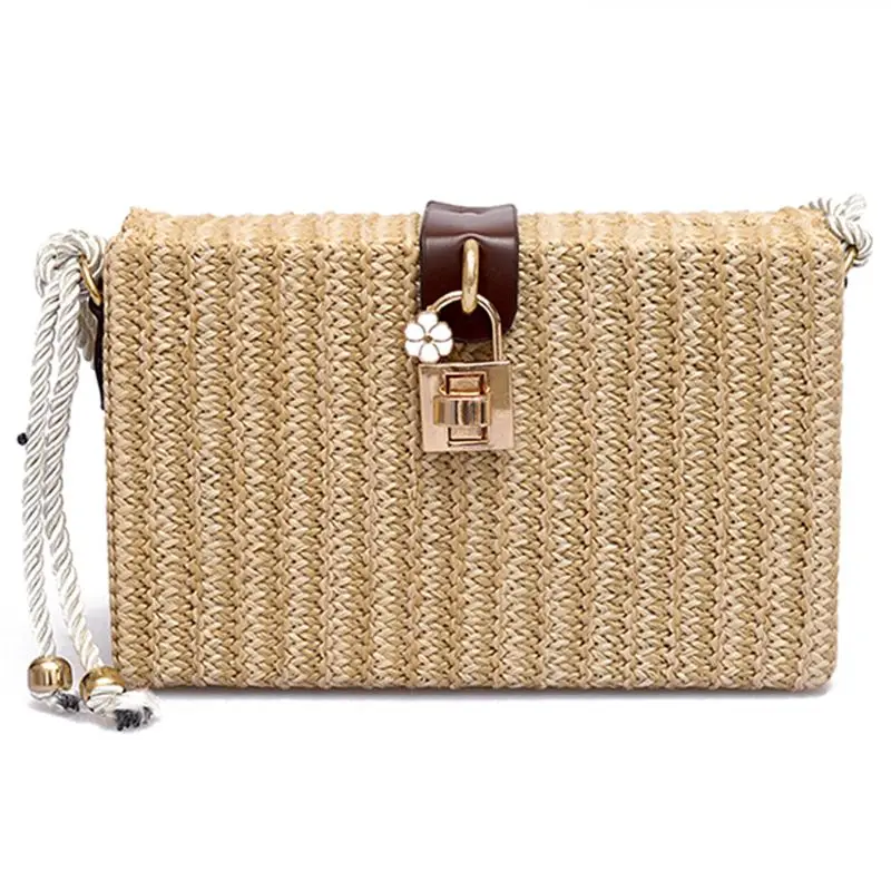 

ABZC-Summer Beach Handbags Women Messenger Bags Square Straw Hand Woven Ladies Crossbody Bag Shoulder Bags Beige