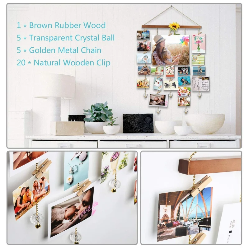Household Decorative Hanging Photo Display Frame Pictures Organizer Home Wall Decor With Clear Crystal Pendant And 20 Clips