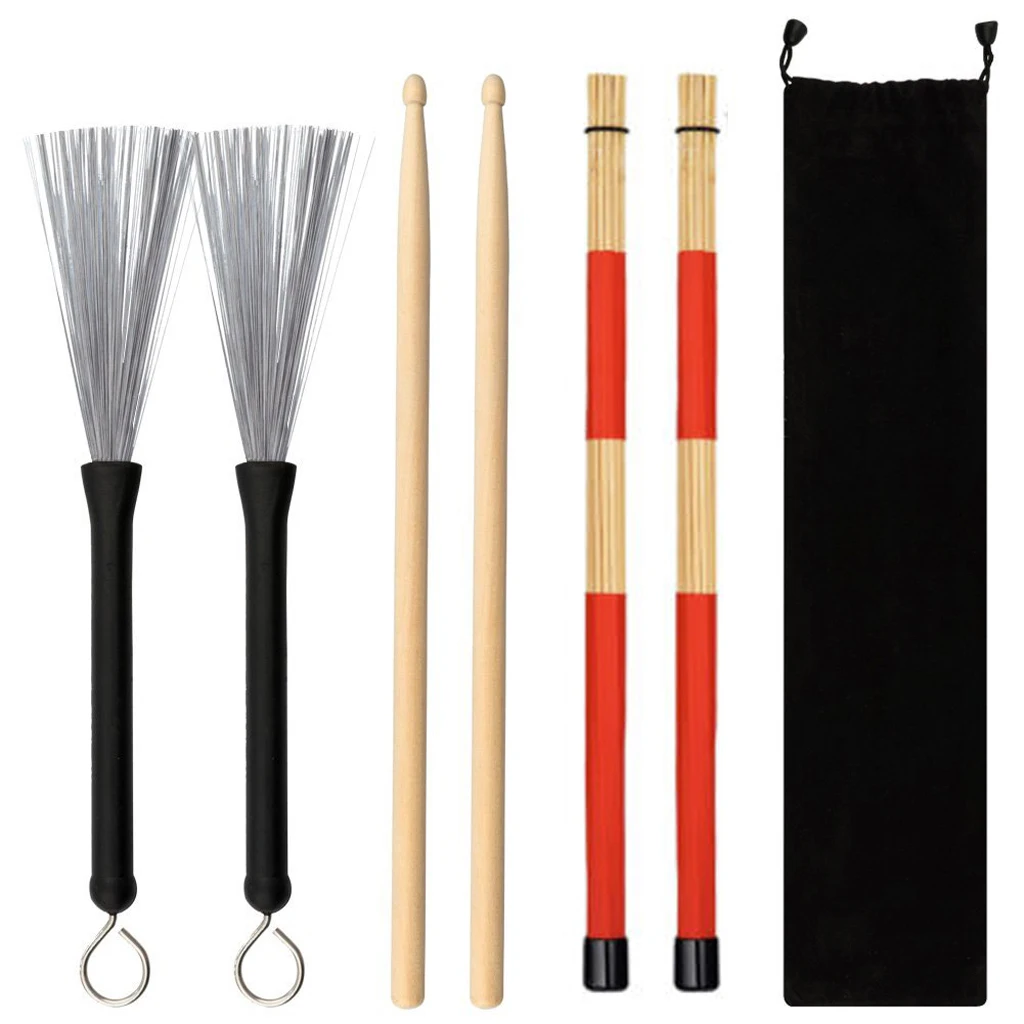 7 Pcs/set Wire Drum Brush Bamboo Stick Drumstick Beam Mouth Storage Bag Percussion Accessories