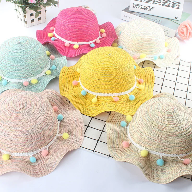 Модные летние цветные кисточки-Помпоны детские соломенные шляпы детская пляжная кепка Детская фотография Реквизит шляпка для девочки Кепка с козырьком от солнца