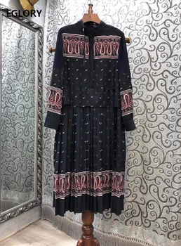 

Latest Designer Dress 2020 Autumn Style Women Stand Neck Vintage Print Long Sleeve Mid-Calf Length Casual Pleated Dress Cotton