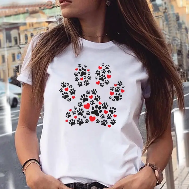 Women T-shirts Love Trend Style Dog Paw Cartoon Animal Pet 90s Summer Graphic Print Female Stylish T Top Shirt Girl Tee802_voghion.com