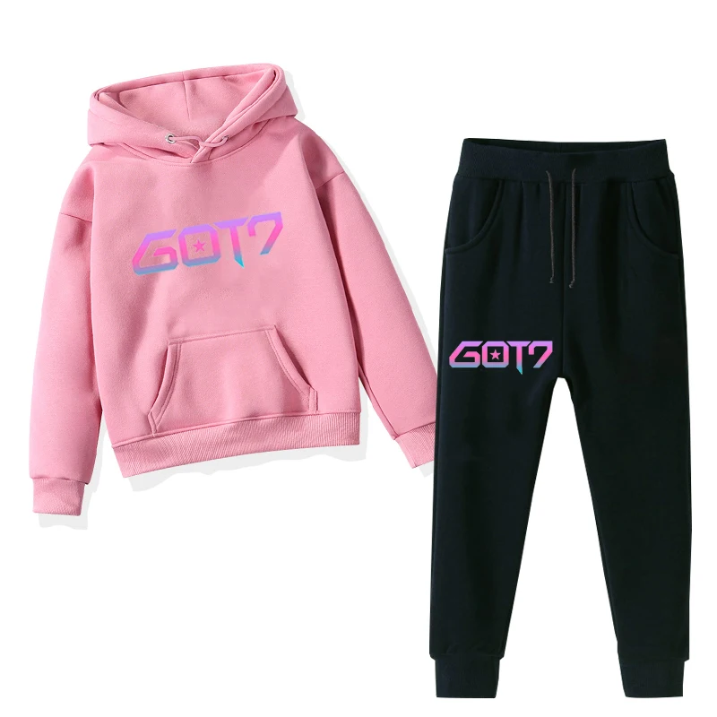 Got7 Kpop Печать Дети с капюшоном верхняя одежда, в Корейском стиле, Толстовки с капюшоном для девочек зимние футболки на мальчиков штaны лeггинсы 2 шт./компл. Straykids Детский костюм