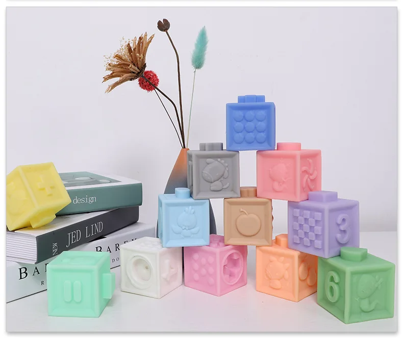 12 шт./компл. Детские хватать игрушки строительные блоки 3D сенсорный экран руки и пушистыми помпонами для малышей массажные с резиновым покрытием Прорезыватели для зубов резиновые игрушки для ванной мяч надувные игрушки