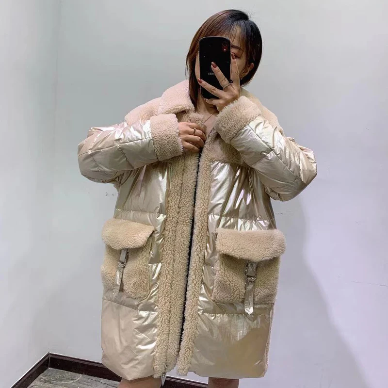 Down jacket new arrival 2019thick warm patchwork sheep fur coat wool blends clothing turn-down coll