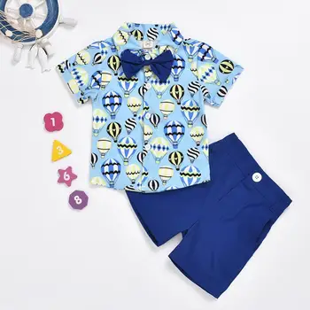 

2020 Summer Children Sets Casual Short Sleeve Turn-down Collar Blue Bow T-shirt Blue Solid Shorts Cute 2Pcs Girls Clothes Sets