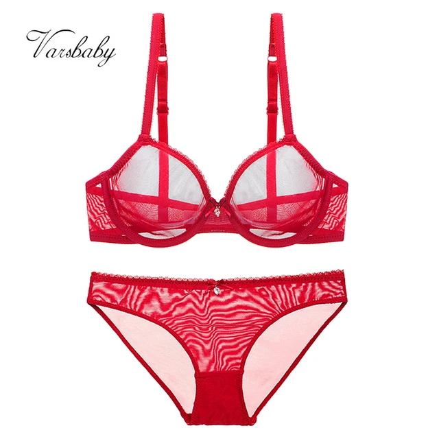 Varsbaby sexy big red see-through yarn lingerie set rhinestone bow  transparent bra and panty plus size set - AliExpress