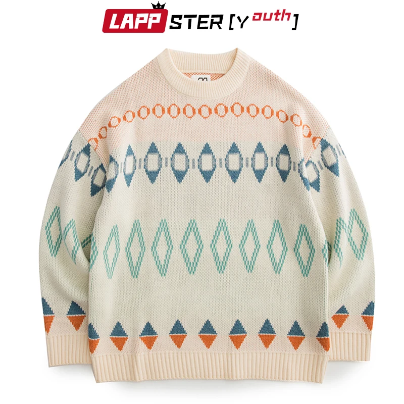 

LAPPSTER-Youth Men Japanese Streetwear Harajuku Sweaters 2023 Mens Vintage Diamond Graphic Sweater Male Thick Cotton Pullovers