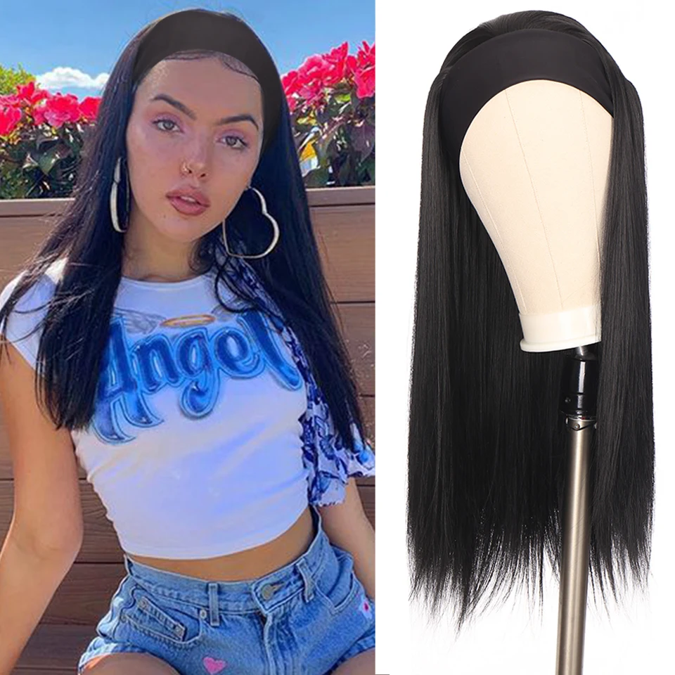 

HOUYAN Headband wig African Women Long Straight Black Ribbon Wig Synthetic Wig Hair Band Accessories