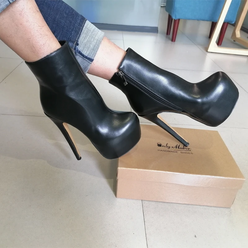 US $49.99 Onlymaker Womens Rounded Toe 16cm High Heel Black Color Side Zipper Slim Fashion Matte Ankle Booties Plus Size Us5Us15
