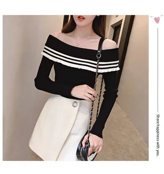 

Off Shoulder Knit Sweater Women Striped Long Sleeve Pullover Korean Fashion Casual Knitted Shirt Jumper Autumn Winter Tops A21