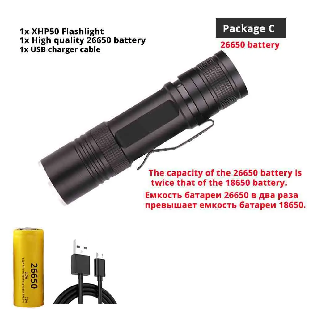 Powerful XHP50 LED Flashlight USB Charging 3 Lighting Mode Waterproof Tactical Torch Support Zoom Using 18650 or 26650 Battery - Испускаемый цвет: Package C-26650