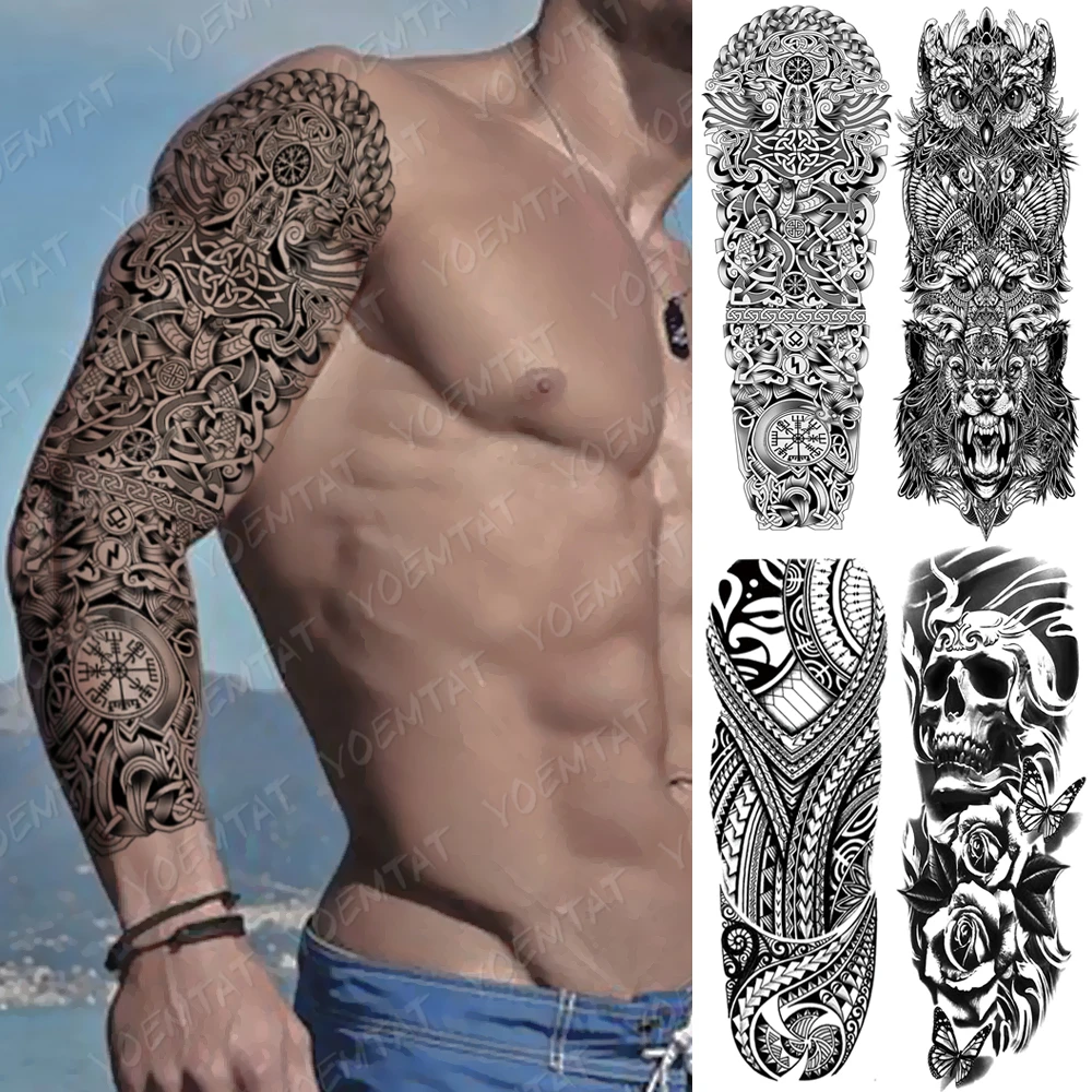 Large Arm Sleeve Tattoo Snake Owl Bear Maori Waterproof Temporary Tatto Sticker Skull Totem Body Art Full Fake Tatoo Women Men Temporary Tattoos Aliexpress